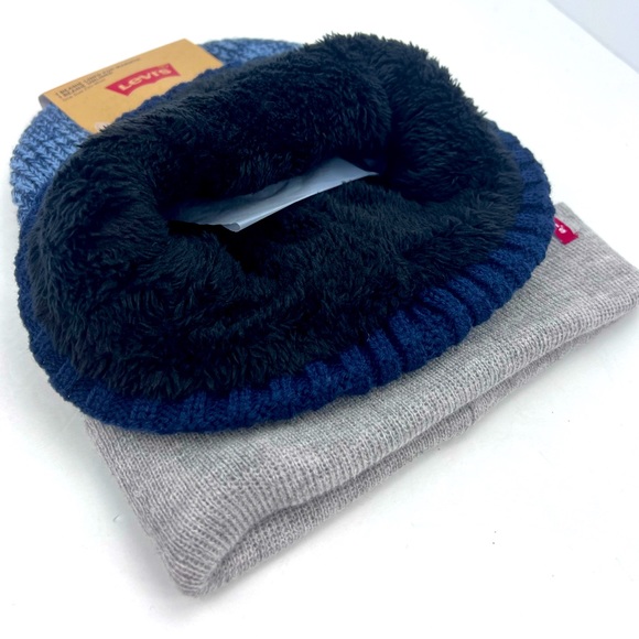LEVI’S, BEANIE SET,2 WARM BEANIES,NAVY BLUE W/PATTERN & GREY,100%ACRYLIC, UNUSEX - Picture 12 of 16